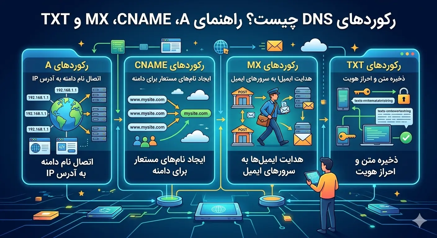رکوردهای DNS چیست؟ راهنمای A، CNAME، MX و TXT